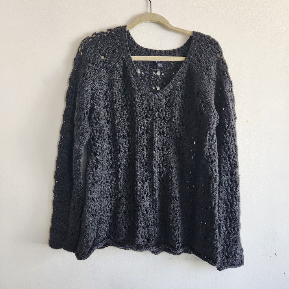American Eagle Wool Blend Sweater Open Knit Crochet Pullover L Charcoal Grunge